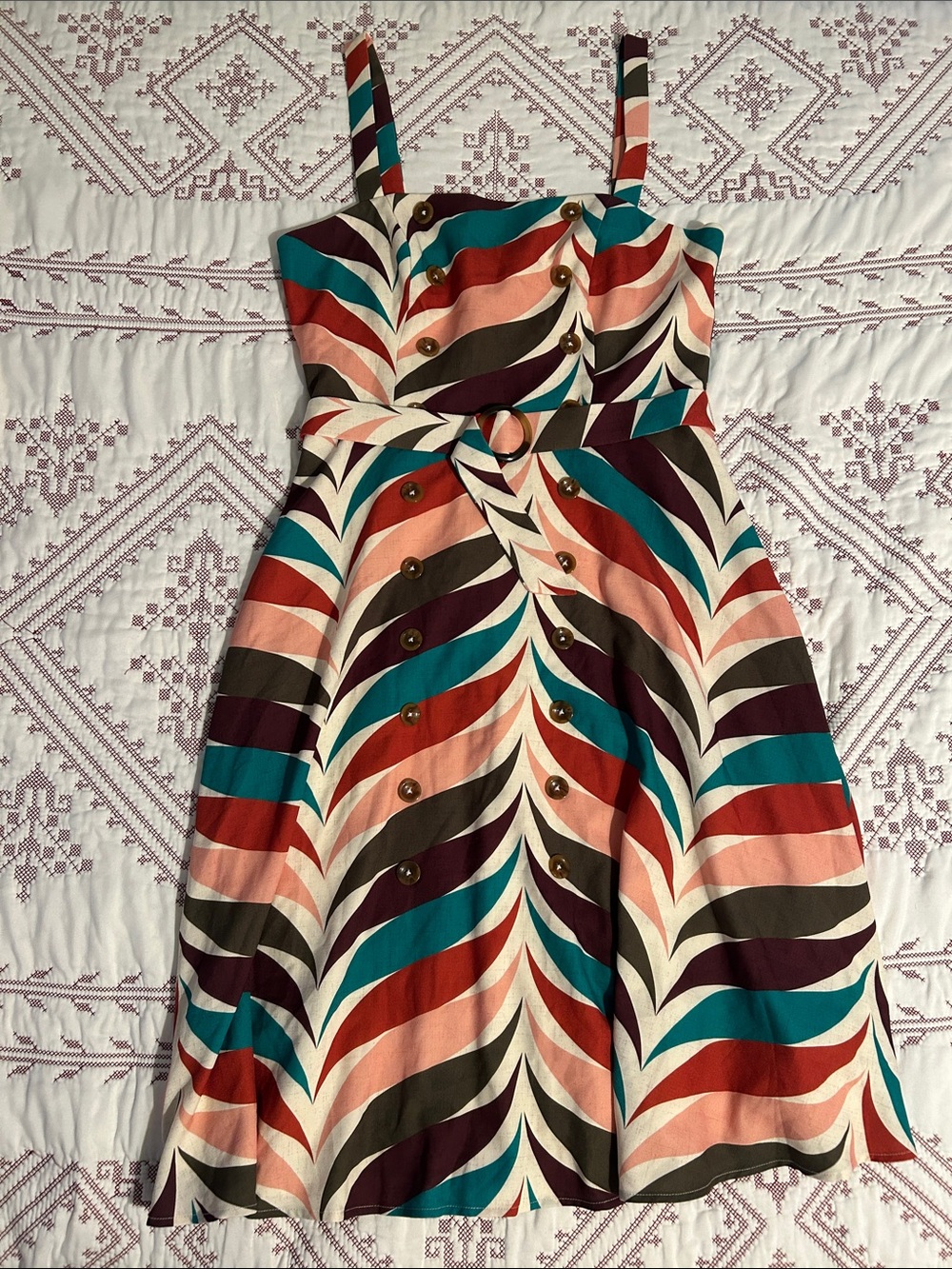 Hutch Teal, Coral, Burgundy & Cream Midi Button-Detail Dress